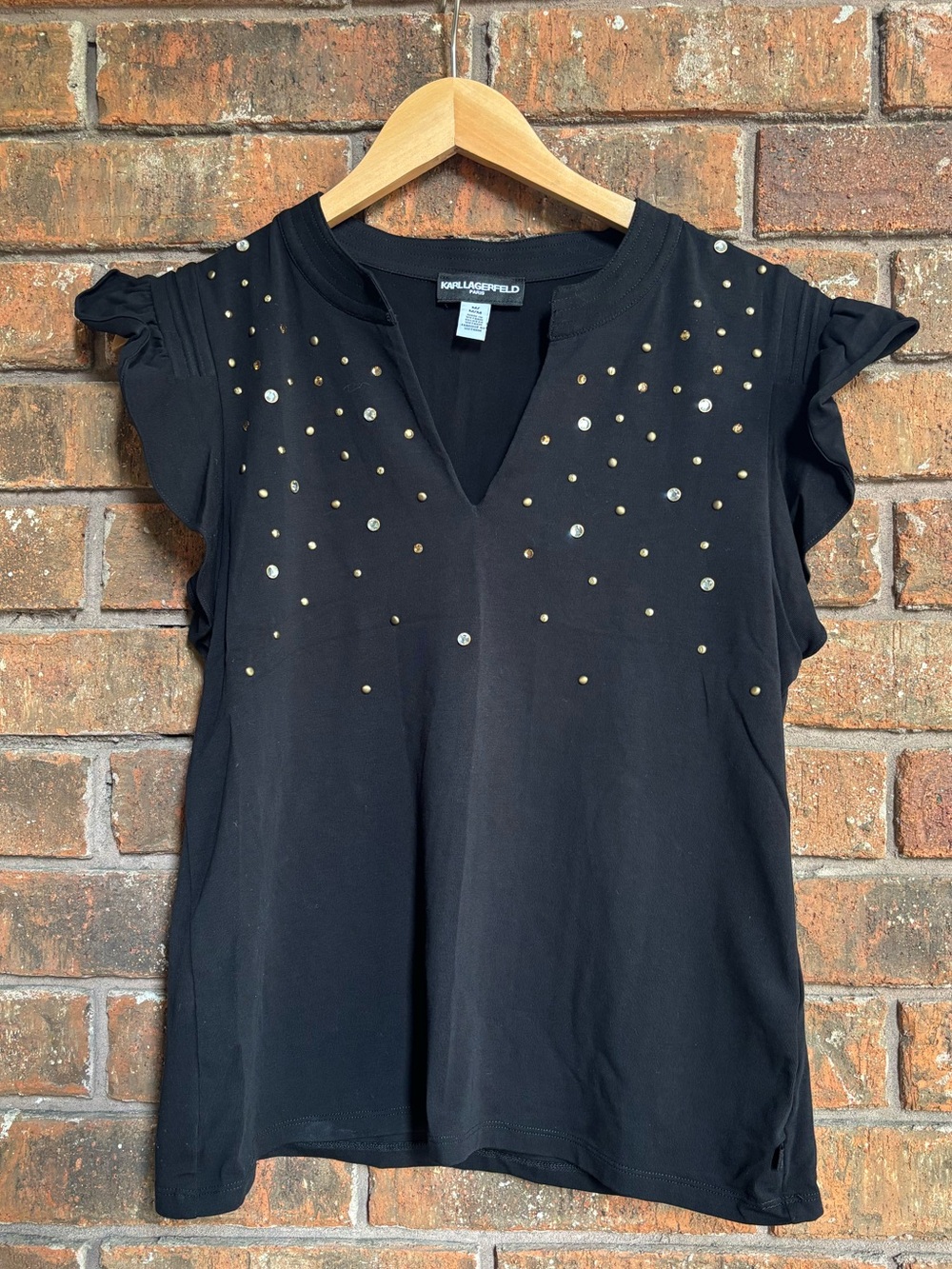 Karl Lagerfeld Black Short-Sleeve V-Notch Top with Gold Stud Accents
